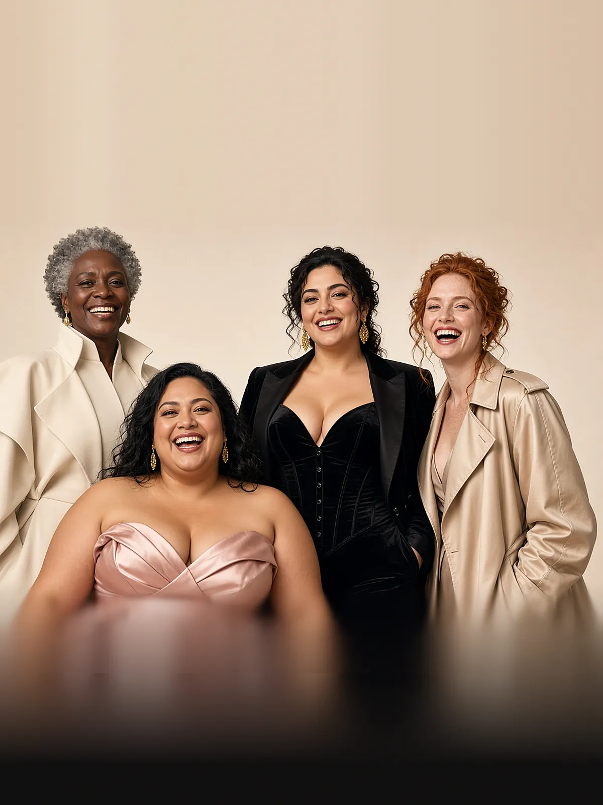 AI campaign art: Women of different sizes, skin tones and ages, including silver-haired older women, laugh together in sculptural satin, velvet and tailoring.