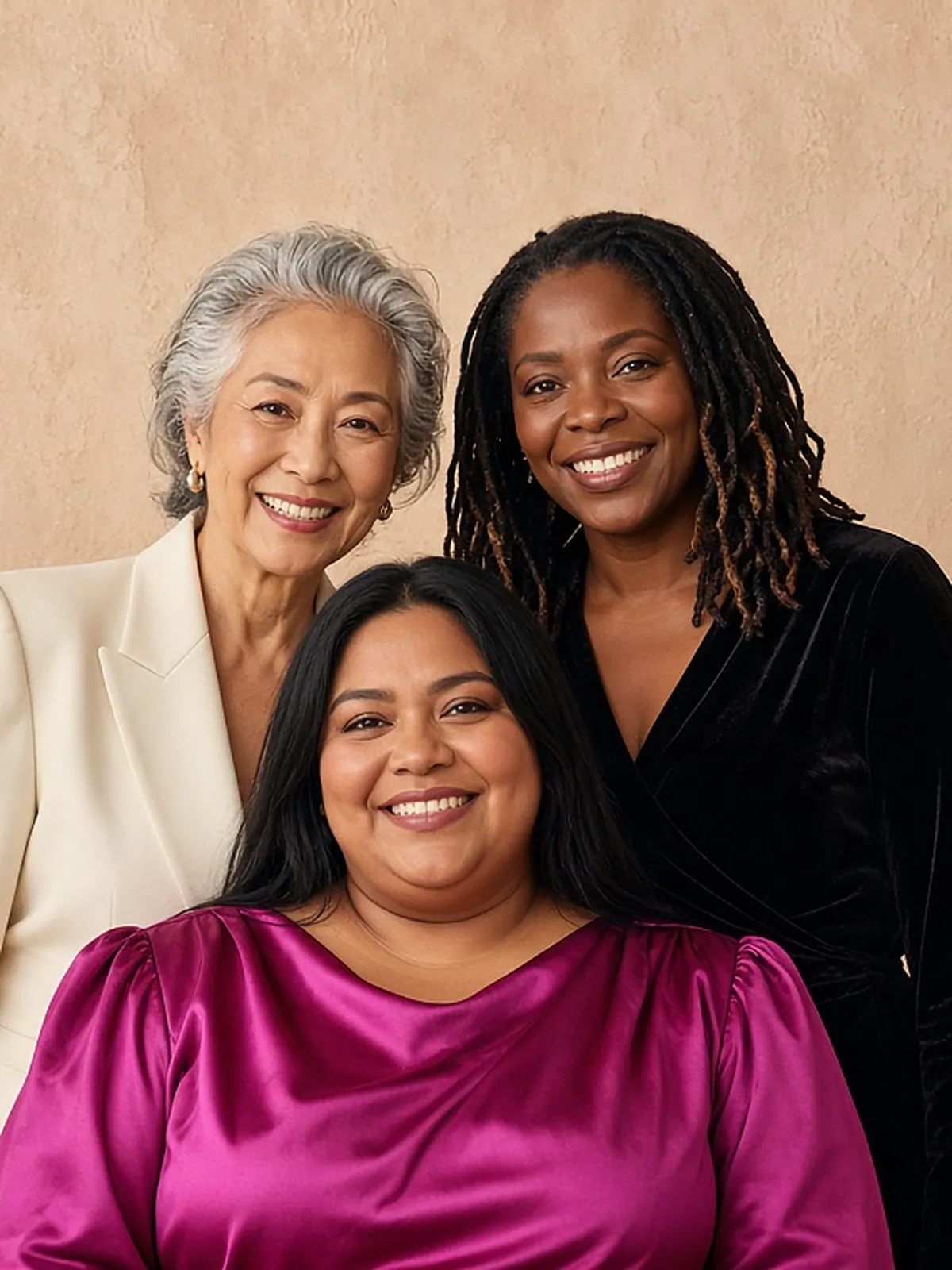 AI campaign art: Three women smile warmly toward the viewer against a textured plaster wall: a silver-haired older East Asian woman in an ivory blazer, a Black woman with long locs in black velvet, and a plus-size, brown-skinned woman with long dark hair in magenta satin seated in front.