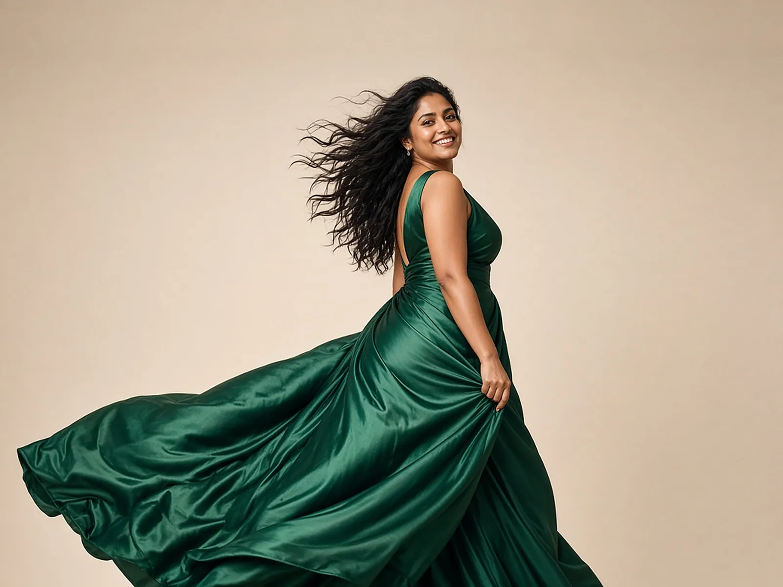 AI campaign art: A curvy South Asian woman with long dark curls turns and smiles over her shoulder as her emerald satin gown sweeps out behind her in a wide arc, her hair flying, against a pale cream backdrop.