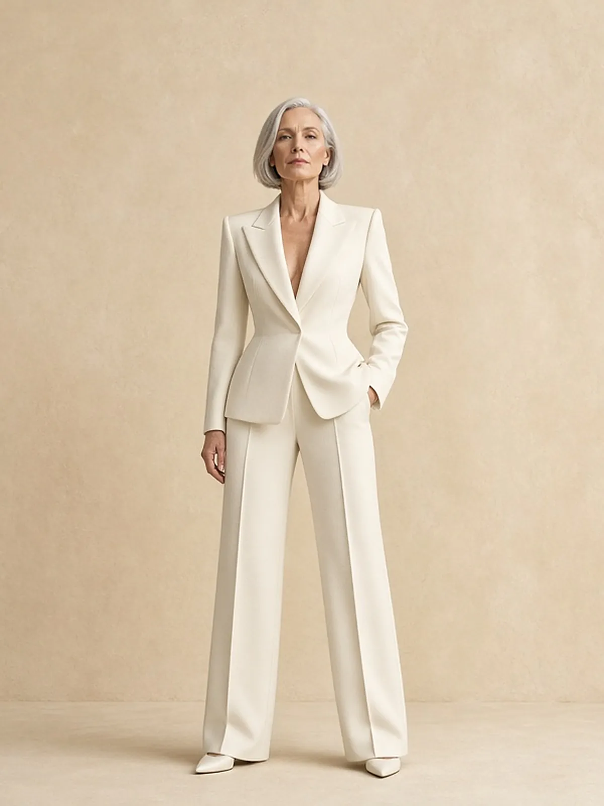 AI campaign art: A silver-haired older woman with a sleek bob stands full length on a cream backdrop in a sculpted ivory suit, with a nipped-waist, deep-lapel jacket and wide-leg trousers, one hand in her pocket and a calm, direct gaze.