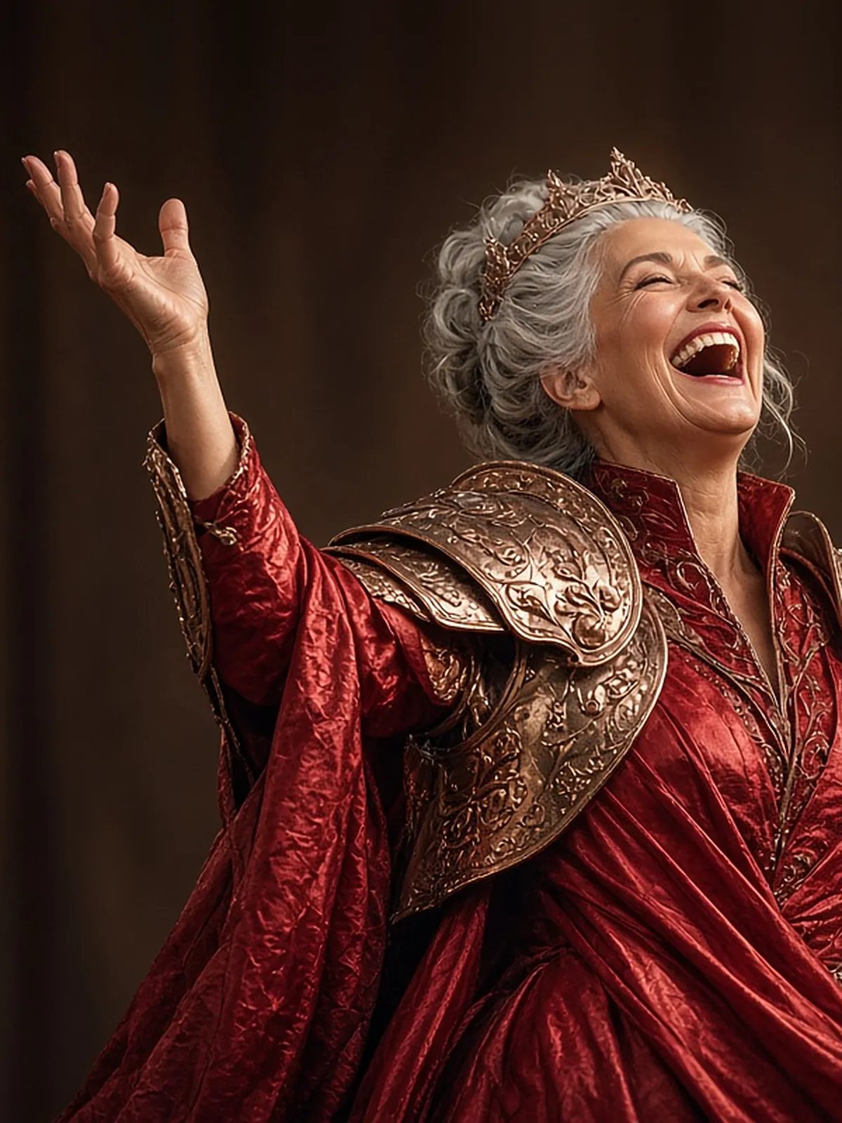 AI campaign art: A silver-haired older warrior queen in a rose-gold tiara and engraved bronze shoulder armor laughs with her head tipped back and one hand raised high, wrapped in crimson silk.