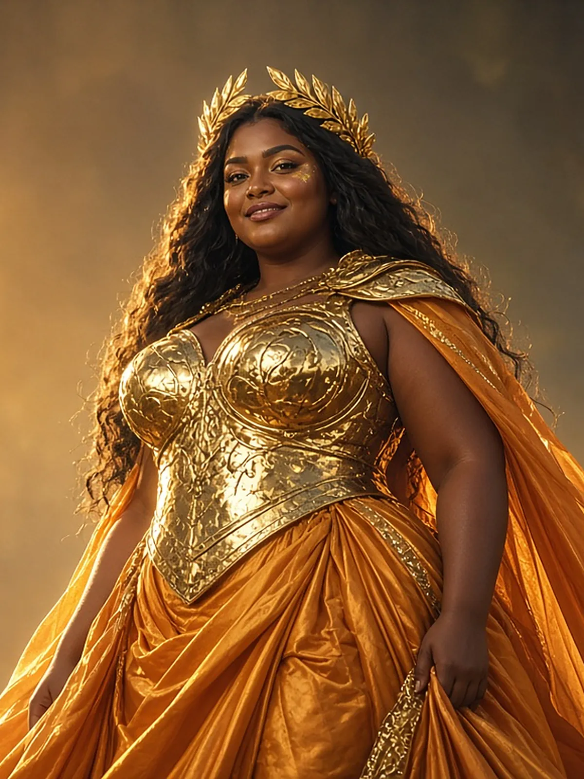 AI campaign art: A plus-size, deep-brown-skinned warrior queen with long dark curls, a gold laurel crown and a gold breastplate smiles in glowing golden backlight, her saffron silk cape and skirt catching the light.