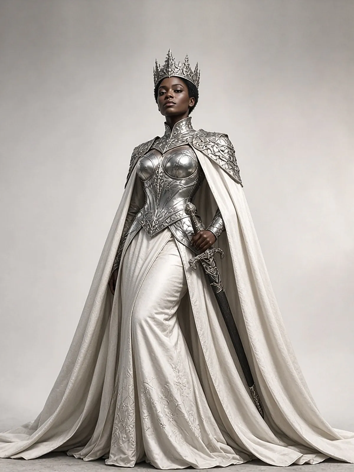 AI campaign art: A Black warrior queen in a tall silver crown, engraved silver breastplate and sweeping ivory silk cape stands full length, gazing down at the camera with a sword at her side.