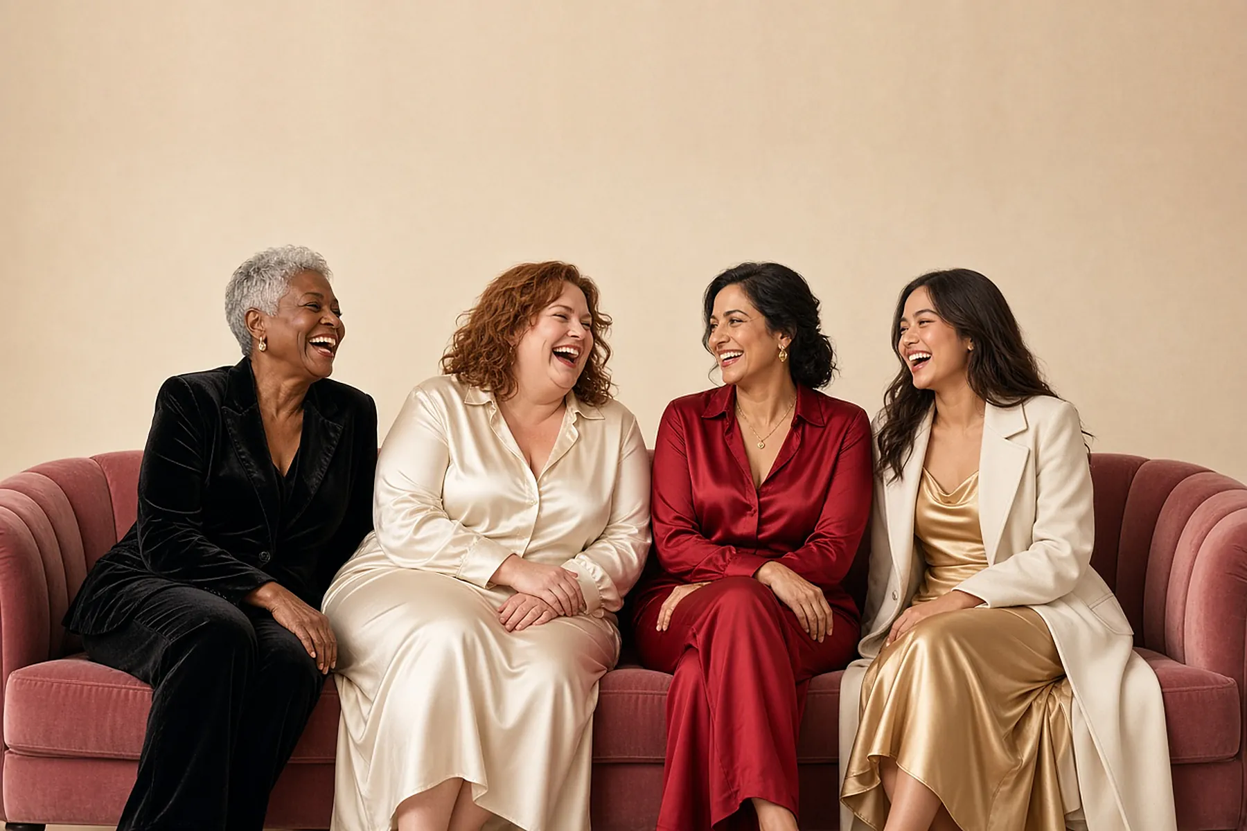AI campaign art: Four women laugh together on a curved blush-pink velvet sofa: a silver-haired older Black woman in a black velvet suit, a plus-size red-haired woman in ivory satin, a dark-haired woman in crimson satin, and a young woman in a gold satin slip dress and cream coat.